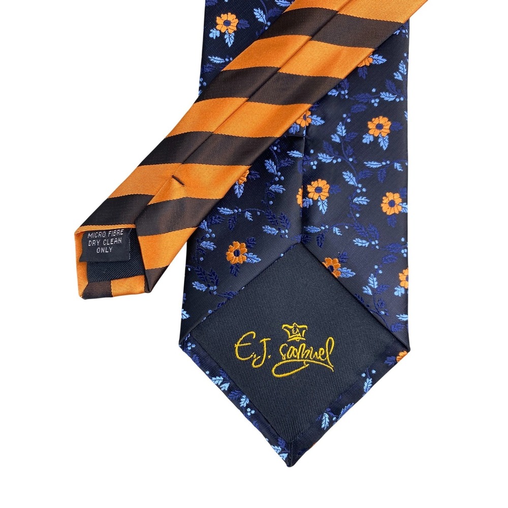 E.J. Samuel Mens Tie Floral Striped Navy Orange Microfiber Formal Long 60x3.5 - Picture 2 of 9
